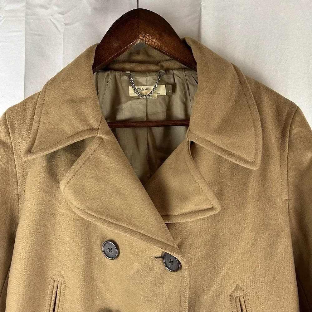 J. CREW Double Breasted Wool Blend Pea Coat Camel Jacket Women's Size Large Y2K - Picture 2 of 13